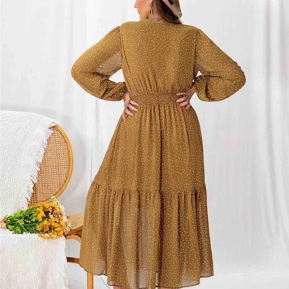 Boho Plus Size Embroidery Ruffle Hem Dress Without Belt Yellow Mustard - Picture 2 of 5